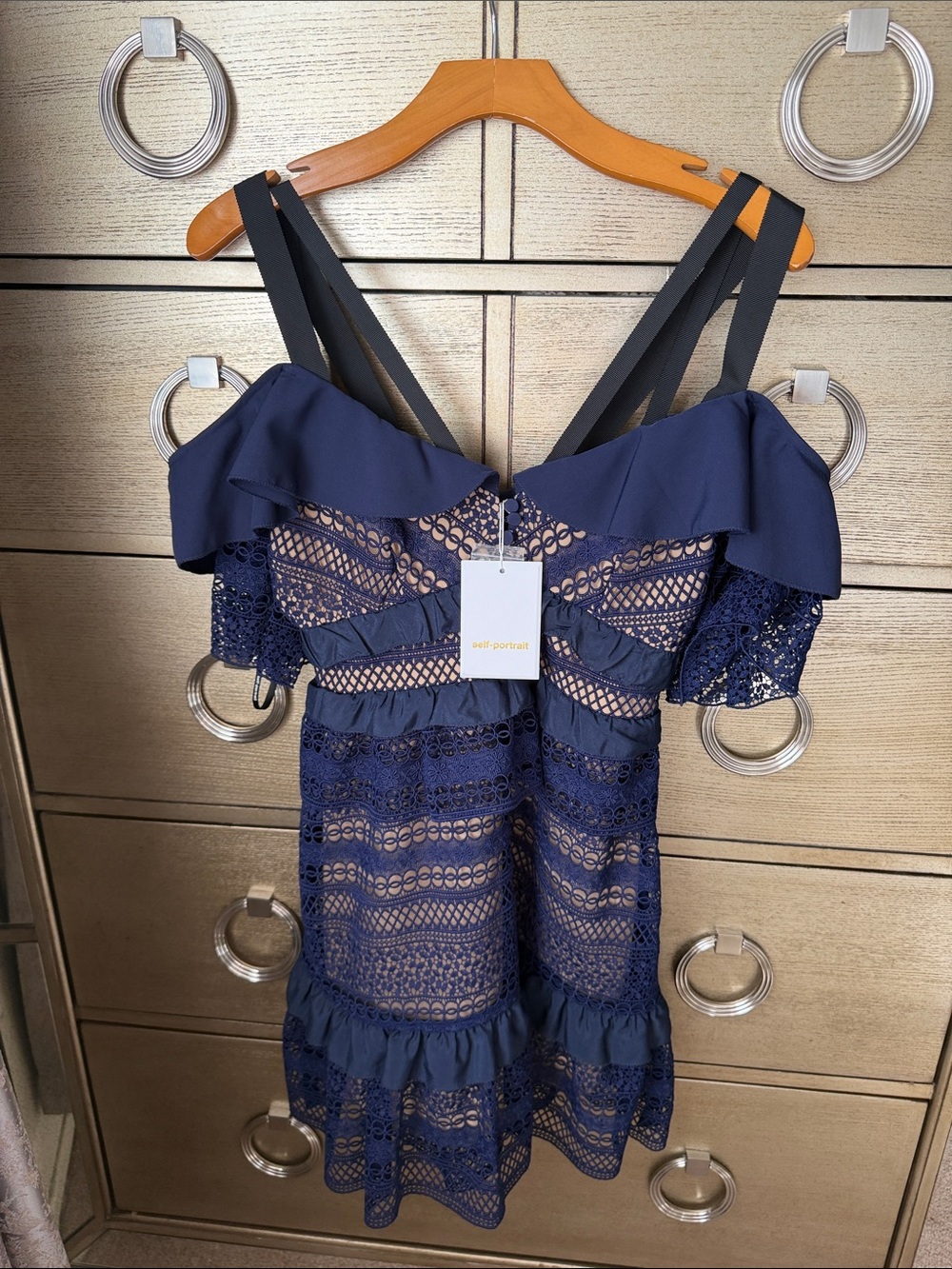 SELF PORTRAIT Women's Navy Lace Ruffle Dress